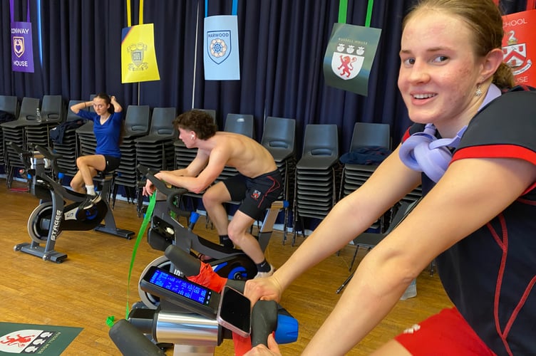 Mount Kelly College students on their 24-hour fixed cycle ride in aid of mental health.
