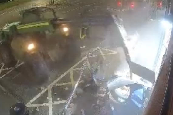 Detectives investigating a daring ram raid at Plympton Co-op have released video of the burglary. To view the footage see the YouTube link in the story. Pictured is a video still of the telehandler used to steal two cashpoints.