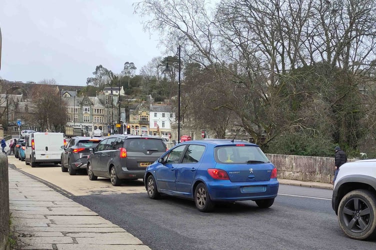 Traffic gridlock in Tavistock town centre. Transport systems are not joined up.