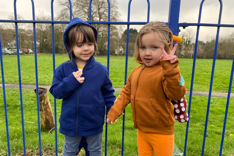 Presley and Ivy dressed as Julia Donaldson's characters from her book The Snail and the Whale at Tavistock Primary's World Book Day celebration.