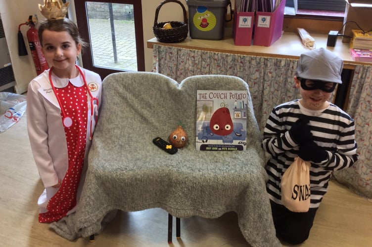 Horrabridge School children dressed in Couch Potato costume for World Book Day.