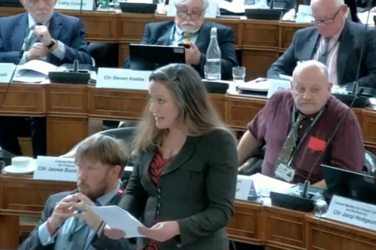 Cheryl Cottle-Hunkin speaking in the council chamber at Devon County Council.