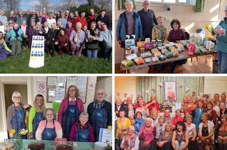 Clockwise from top left: Some of the 100+ volunteers who help out at the shop and cafe; the team that runs the Kilworth Kappers health food stall at the shop; volunteers celebrating their Queen's Award and one of the 8 Cafe teams at the community shop's cafe.