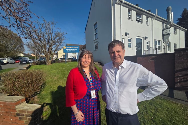 DMAT chief executive Rachel Shaw and Sir Mel Stride outside Okehampton College's Wardhayes campus where some of the Promise School pupils are being taught temporarily.