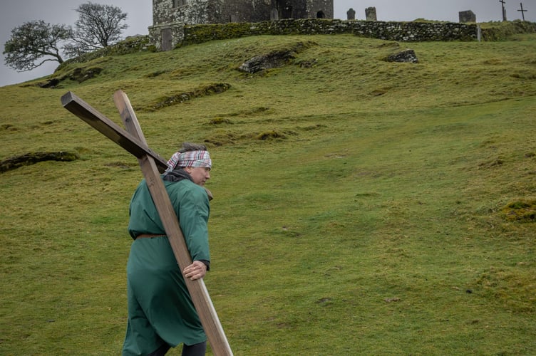 The congregation of Brentor Church and the Friends of St Michael's enacting the Good Friday Passion Play at St Michael's on top of Brent Tor. Picture by Dave McMahon.