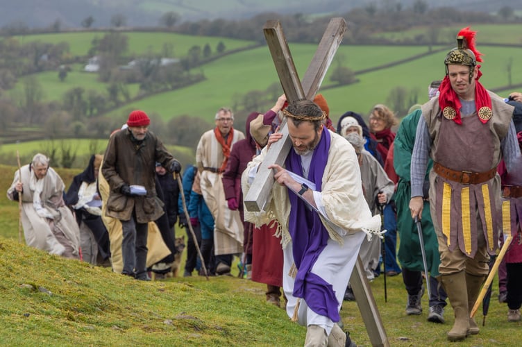 The congregation of Brentor Church and the Friends of St Michael's enacting the Good Friday Passion Play at St Michael's on top of Brent Tor. Picture by Dave McMahon.