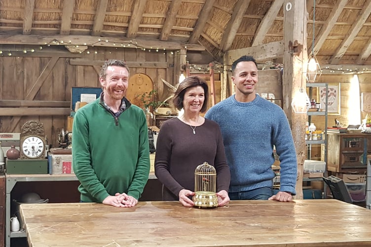 Fenella Haffenden, born profoundly deaf, with Dave and Will from BBC1's The Repair Shop with her restored model singing bird, enabling her to hear it sing for the first time ever.