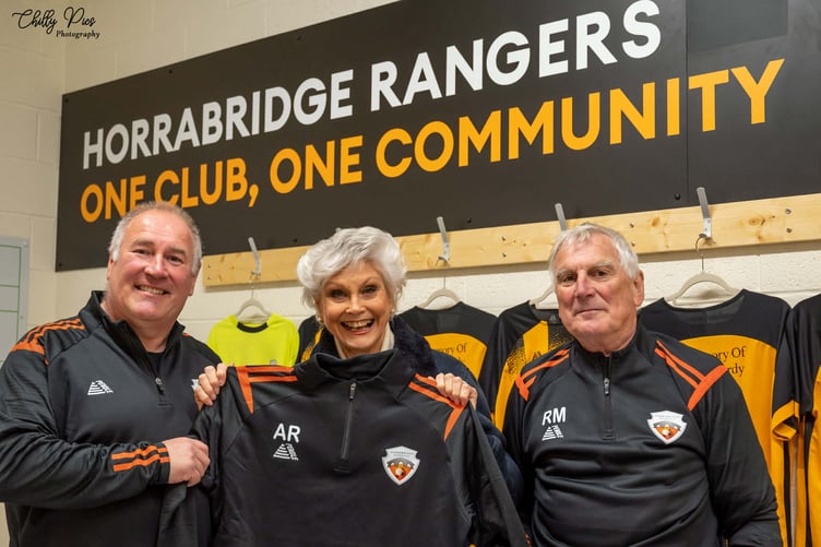TV star Angela Rippon opens the long-awaited community Pavilion sports pavilion with Ian Mulholland (Horrabridge Rangers secretary) (left) and Rob Mitchelmore (veteran rangers committee member).