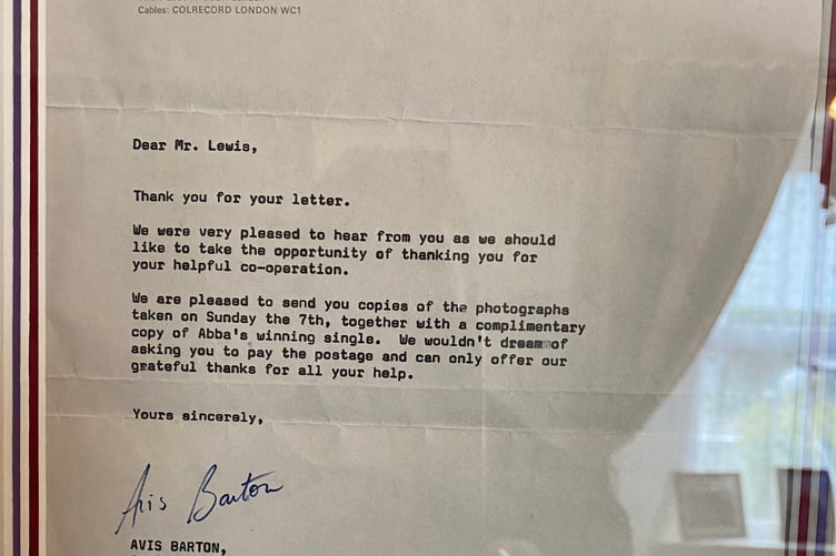 A letter from CBS Records thanking Allen Lewis for supporting a press photo with its client Abba when he was a mounted police officer. CBS sent him a copy of the photo of him and Abba, taken on the day after winning Eurovision 1974 and of the winning single Waterloo.