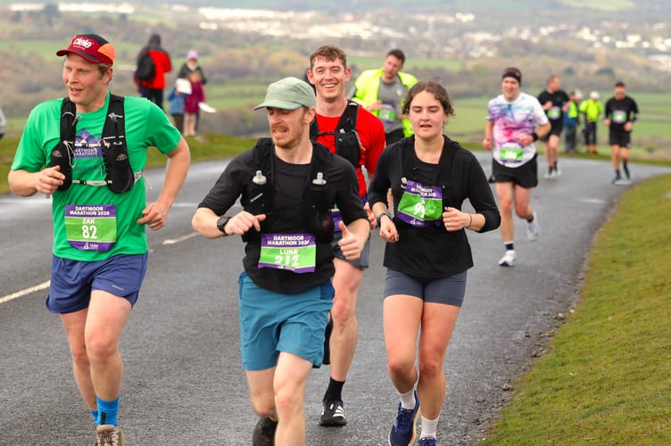 Still climbing towards Princetown with Tavistock behind them, the runners tackle the tough Dartmoor Marathon which returned on Sunday, April 12, after a 40-year absence. Picture by Chris Cottrell.