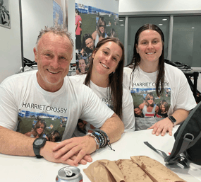 Loving widower Will Crosby celebrates finishing his epic 850-mile swim in Tavistock in memory of his late wife Harriet with their daughters Thea and Rosie.