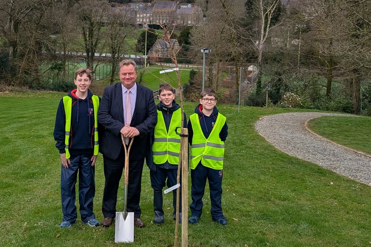Planting the Sakura cherry trees, headteacher Guy Ayling and pupils, at Mount Kelly Prep, Tavistock.