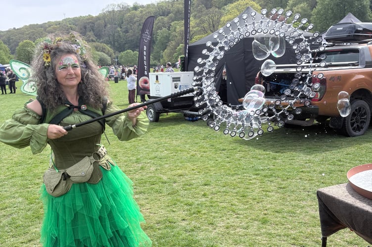 The bubble artist at the St George's Day celebration 2026 in Simmons Park, Okehampton.