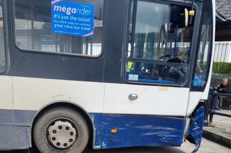 A damaged bus at Tavistock Bus Station.