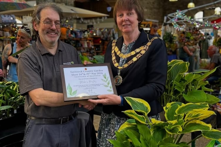 A green-fingered award is presented by new-elected Mayor Cllr Anne Johnson at Tavistock Country Garden Show in the Pannier Market. Picture Tavistock Town Council.