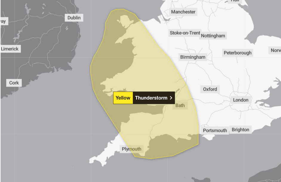 Met Office issues yellow thunderstorm warning for South West