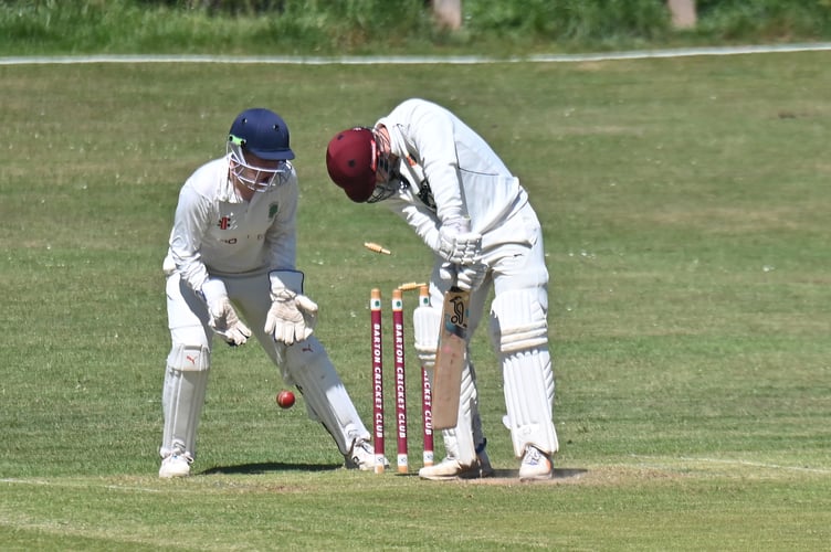 Devon Cricket League D Division West. Barton 2nd XI versus Tavistock 2nd XI. Tavi won the toss and chose to bat - and 27.2 overs later finding themselves all out for 87. Barton responded after tea with 90 /6 in 29.2 overs. Tavistock's D Rundle bowled clean by Barton's Dave Cadwallader while 'keeper O Payne looks on
