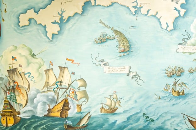 A section of the 1951 mural inspired by the Armada Maps at Buckland Abbey 'The Armada' by Roland Pym. Picture by Barry Mitchell.
