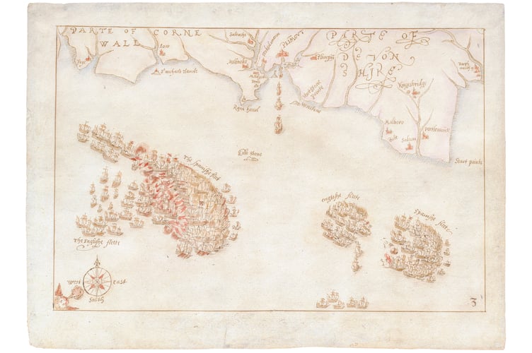 Francis Drake's fleet meet the Spanish Armada in one of ten Armada Maps. Courtesy of Royal Navy Museums.