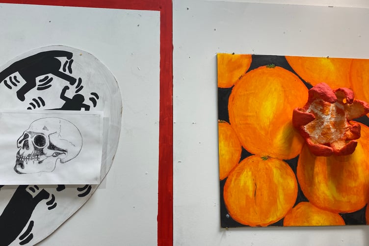 Two striking 3-D pieces for exam projects by Mount Kelly College students at a preview of their work.
