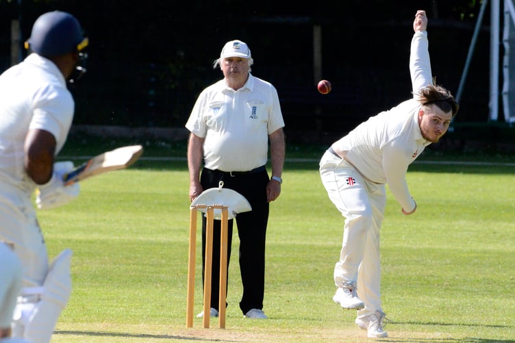 56_Hatherleigh's Henry D'Alberti-Nicholson bowling against Abbotskerswell, who won by seven wickets. 56 Hatherleigh's Henry D'Alberti-Nicholson bowling to Abbotskerswell big hitter Jay Hussain, who made 76_Henry_D'Alberti_Nicholson_1522 copy