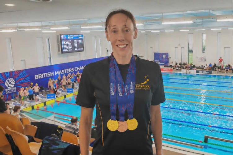 Tavistock Swimming Club's Sam Lake with her impressive two British Masters Championship title golds and a bronze.