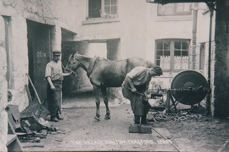 Pictured is a blacksmith working in Bowdens hardware yard, on Mill St, Chagford, around1900. This is one of the photographs due at the free Dartmoor History Day in Chagford in July.