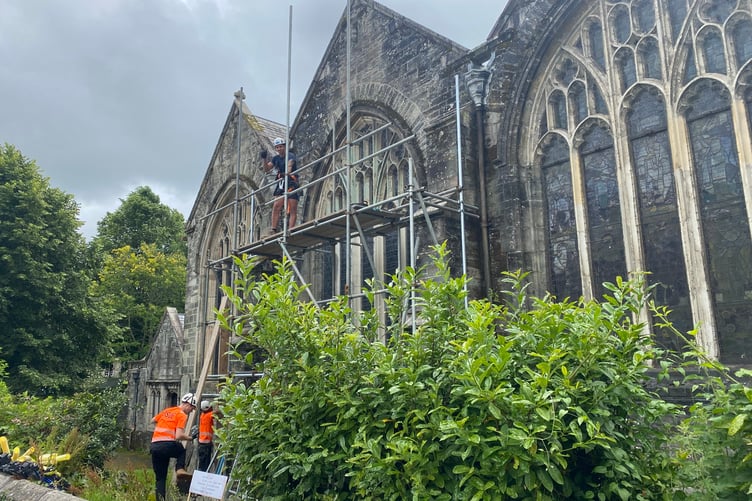 St Eustachius' Church having its roof repaired.