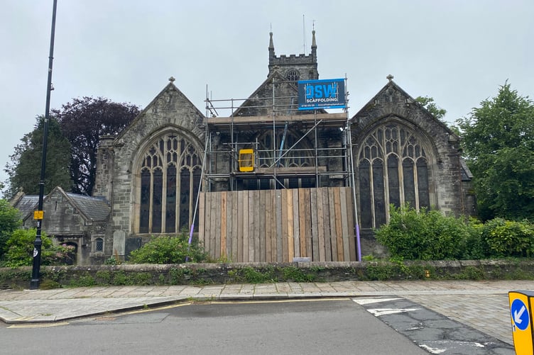 St Eustachius' Church having its roof repaired.