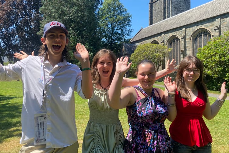 Student friends celebrate the end of exams: Jayden Barr, Ellie Roesner, Ellanour Williams and Adriana Sandonceto, attended Tavistock College GCSE year 11 graduation ceremony at Tavistock's St Eustachius' Church.