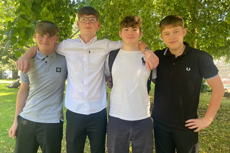 Four friends are happy after exams: Harry Inman, Carson Knight, Ollie Endean and Harry Tremblett. The foursome attended Tavistock College GCSE year 11 graduation ceremony at Tavistock's St Eustachius' Church.