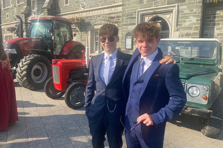 Henry Jackson and Charlie Trueman, in their best suits, joined hundreds of families and classmates in Tavistock's Bedford Square for Tavistock College pre-proms gathering.