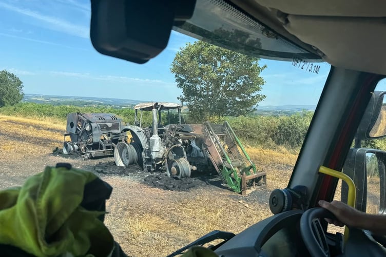 A farm vehicle destroyed by fire during the heatwave, as Tavistock Firefighters tackle numerous wildfires.