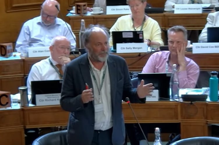 Cllr Julian Brazil speaks during the Devon County Council debate (Image courtesy: Devon County Council/YouTube) Cleared for use by LDRS partners