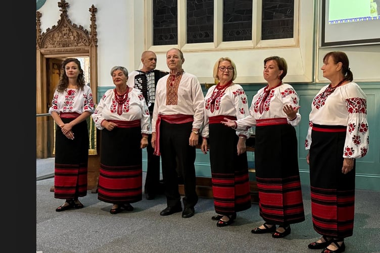 The Ukrainian Space Choir, of Plymouth, performing at the presentation of awards from the Ukraine military to Milton Combe-based Ukraine aid charity Nightingales UK.