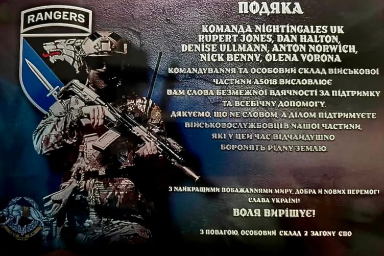 The specially produced plaque inscribed in Ukrainian, saying thank you from the Ukraine military to Milton Combe-based Ukraine aid charity Nightingales UK.
