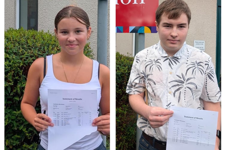 Polly Coldron and Charlie Bent collecting their GCSE results