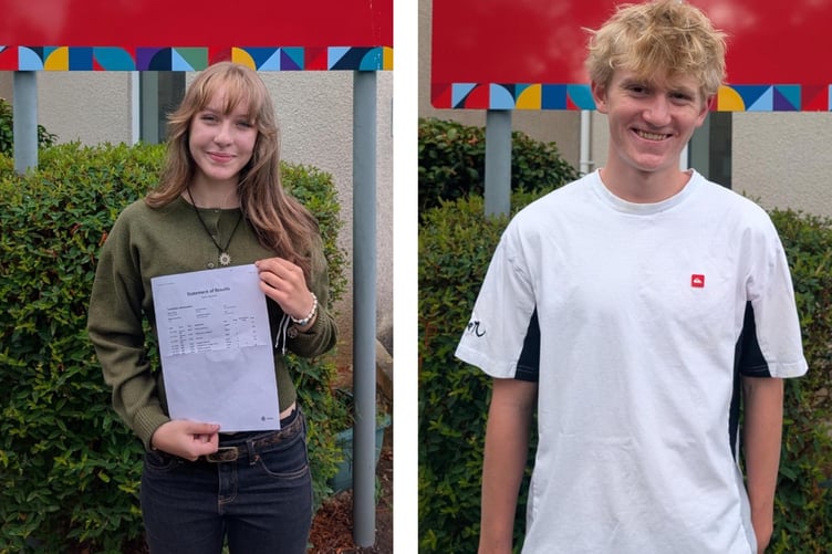 Jasmine Cann and Seth White collecting their GCSE results at Tavistock College