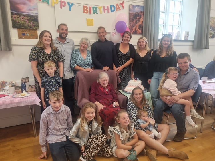 Ena Medland turns 100 surrounded by her family, with a party at Peter Tavy Village Hall.