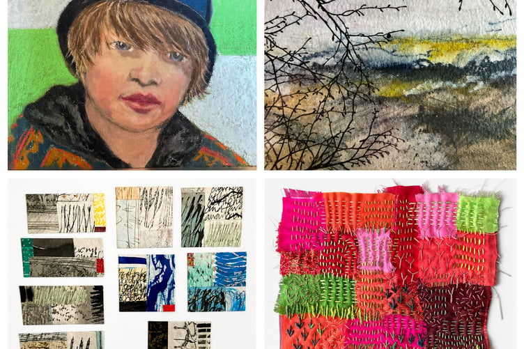 Clockwise from top left: Artwork by Bridgette Anderson, artwork by Sue Meager, textiles by Sue Eeles and jewellery by Helyne Jennings.