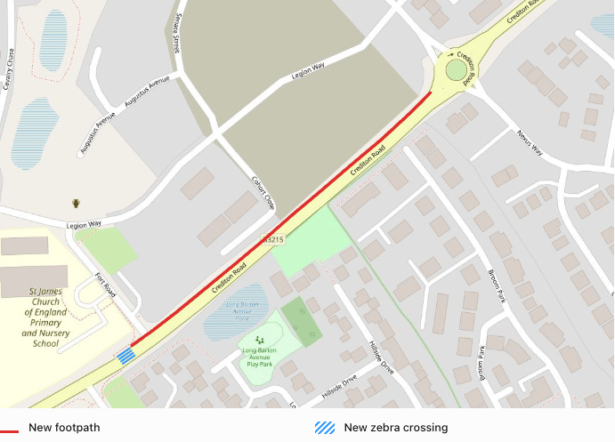 The approximate location of the new footpath and zebra crossing on Crediton Road, Okehampton