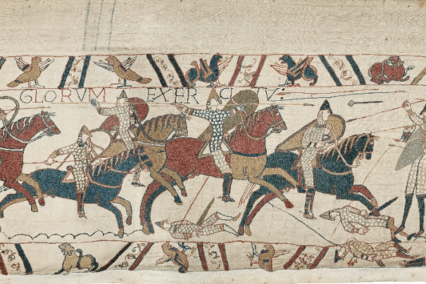 Norman cavalry attack the English shield wall during the Battle of Hastings, depicted in Scene 51 of the Bayeux Tapestry