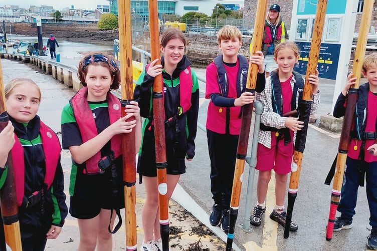 Cothele Quay Gig Club U-14 mixed crew at the Junior International Championships in Plymouth: Grace, Joe, Hugo, Otto, Rowan M and Genevieve.