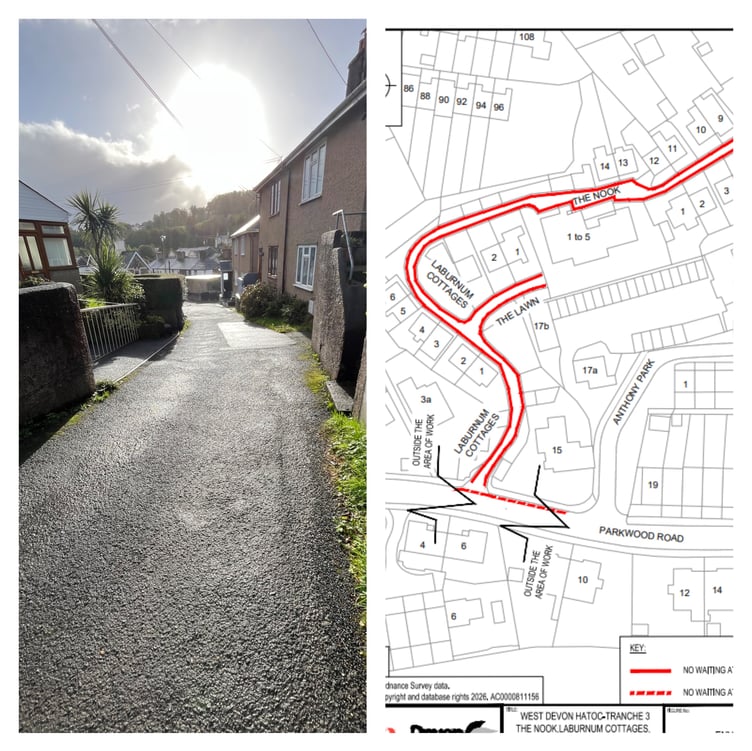 Narrow street The Nook, Tavistock, where double yellow lines are being proposed, with a map of proposed restrictions.