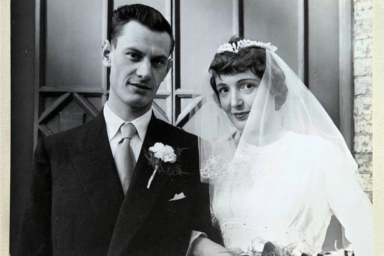 Joan and Ron Haycock are celebrating their platinum wedding anniversary in Bere Ferrers. They are pictured at their wedding.